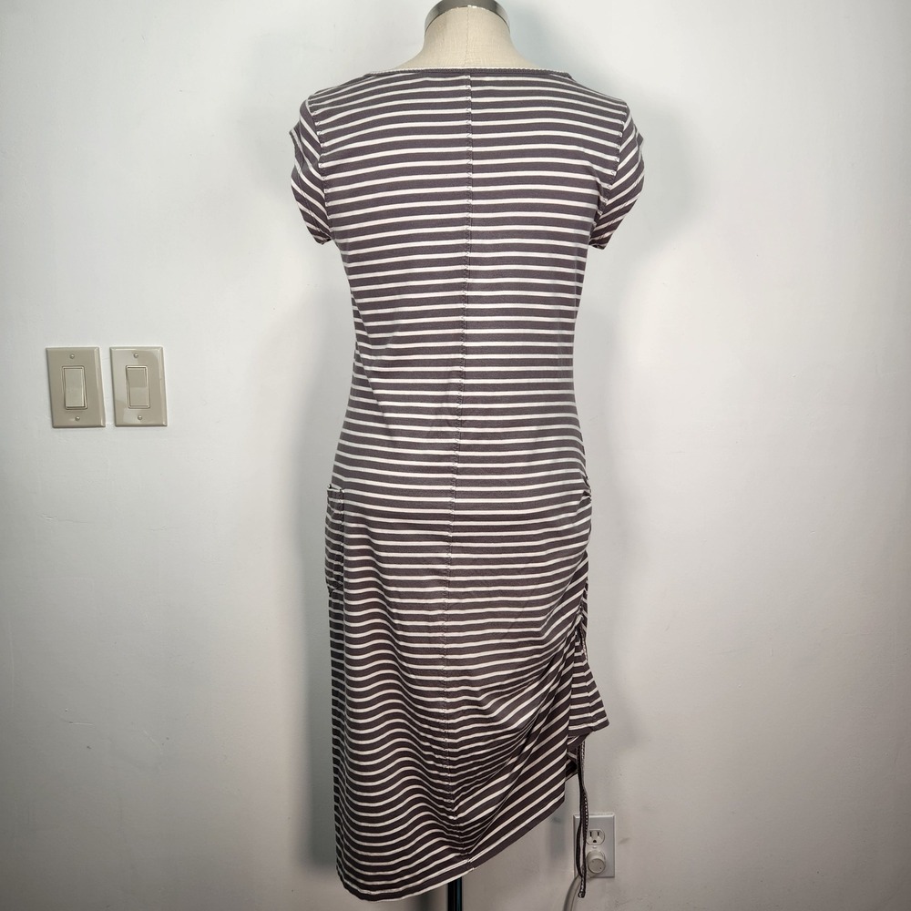 Toad&Co Muse Midi Large Striped V-Neck Cinched Ruched Side Knit Dress Grey White - Picture 3 of 10